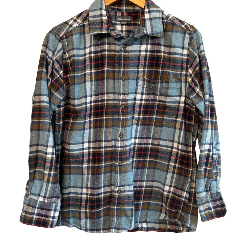 Eddie Bauer Womens Medium Blue Brown Plaid Flannel Button Down Shirt Cotton L/S